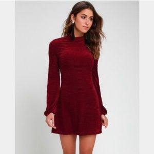Lulu's Velvet Burgundy Red Dress With Balloon Sleeves NWT Small